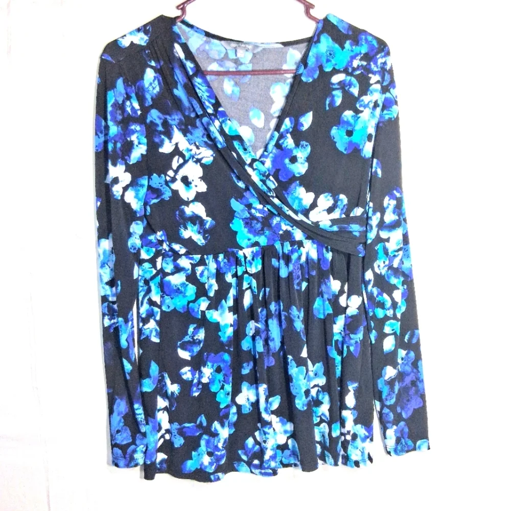 Daisy Fuentes M Black and Blue Goth Floral V Neck Boho Long Sleeve Tunic Blouse - Picture 4 of 8